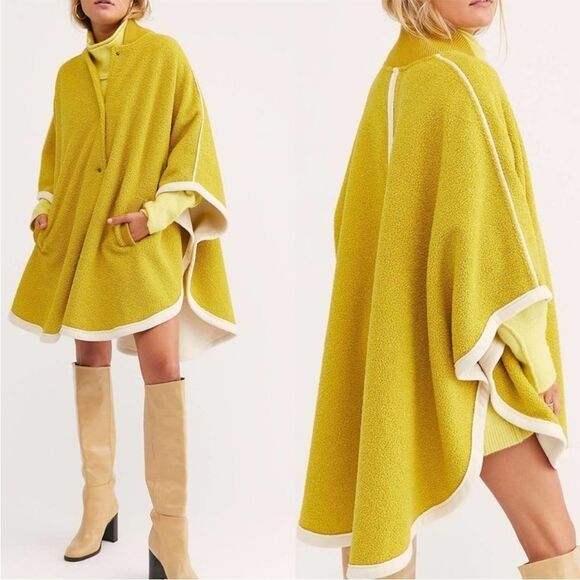 Free People We the Free Stone Cold Circle Cape Mustard Yellow Boucle Pancho - Picture 1 of 16